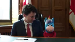 Gary the Gay Unicorn hugs Canadian PM Justin Trudeau
